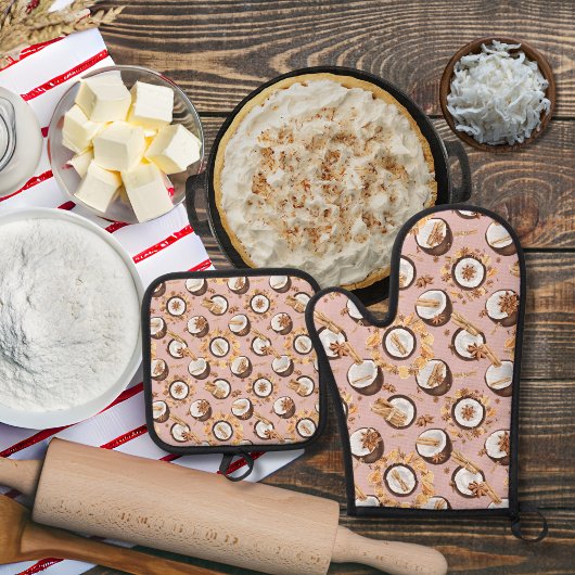 Kokosnüsse und Gewürze rosa Ofenhandschuh & Topflappen-Set