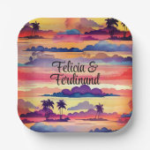 Kokospalmenbaum Farbenfrohe Küste Sonnenuntergang Pappteller (Vorderseite)