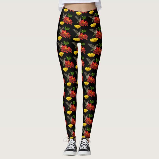 Kolibri auf roten gelben Blumen-Leggings Leggings (Vorderseite)