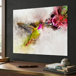 Kolibri beim Füttern an rosa Blüte Aquarell Poster