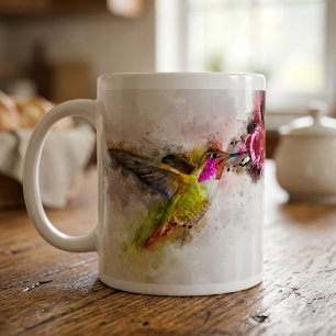 Kolibri beim Trinken von rosa Blüten Aquarell Kaffeetasse