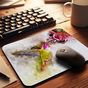 Kolibri beim Trinken von rosa Blüten Aquarell Mousepad