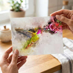 Kolibri beim Trinken von rosa Blüten Aquarell Postkarte