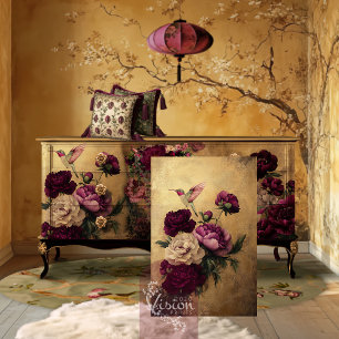 Kolibri & Blumen, Burgund & Gold Hintergrund Seidenpapier