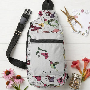 Kolibri Blumen Custom Name Grau Modern Crossbody Bag