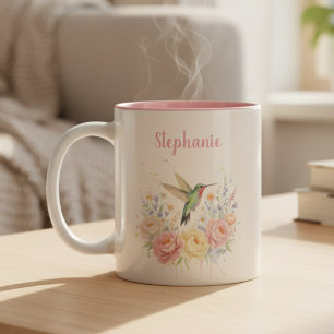 Kolibri-Blumen-Kaffeetasse – Pastell-Rosa Geschenk Zweifarbige Tasse
