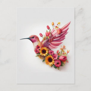 Kolibri fliegt mit Blumen Postkarte