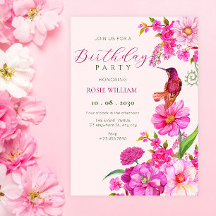Kolibri Geburtstagskunst mit rosa Blumen Einladung
