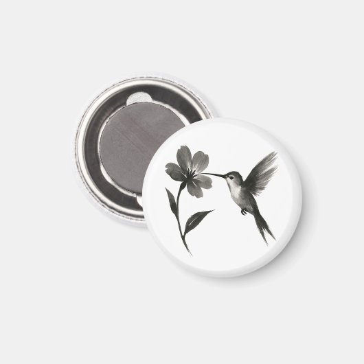 Kolibri mit Blume – Tuschepinsel-Design auf Magnet (Vorderseite/Rückseite)