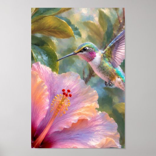 Kolibri mit Hibiskus Aquarell Poster (Vorne)