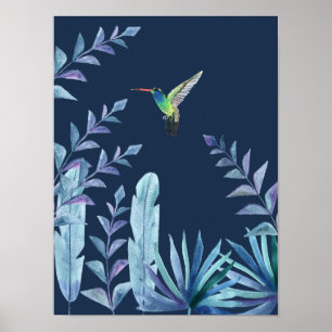 Kolibri mit tropischem Laub in dunkelblauem Poster