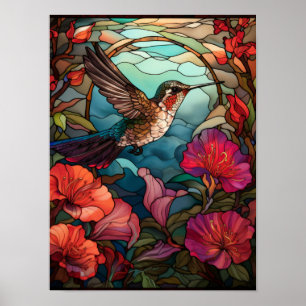 Kolibri und Blüten Glasmalerei Kunst Poster
