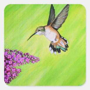 Kolibri- und Flieder-Malerei Quadratischer Aufkleber