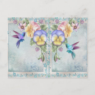 Kolibri und lila Blumen im Vintage-Stil Postkarte
