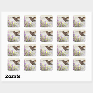 Kolibri und Wildblumen Digitale Kunst  Akzent Pi Quadratischer Aufkleber