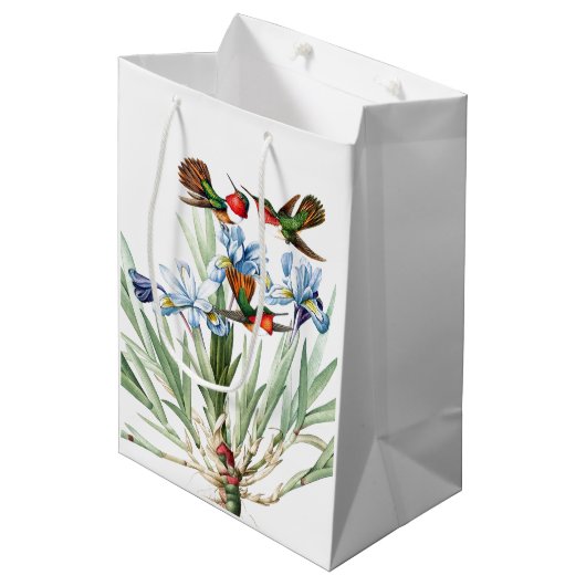 Kolibri-Vogel-blaue Iris-Blumen-Geschenk-Tasche Mittlere Geschenktüte (Vorderseite Schrägansicht)