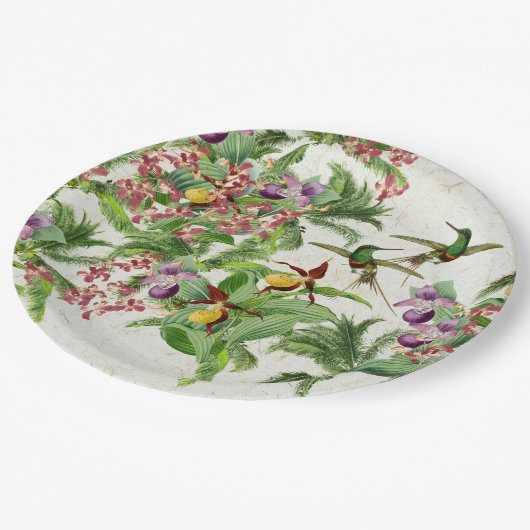 Kolibri-Vogel-Orchideen-Blumen-PapierParty-Platte Pappteller (Schrägansicht)