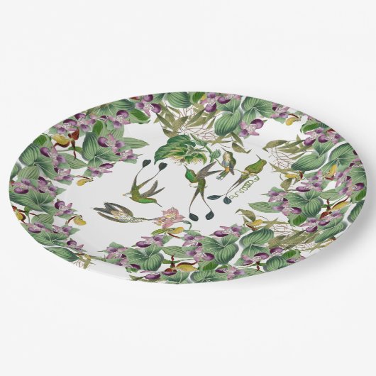 Kolibri-Vogel-Orchideen-Blumen-Papierplatte Pappteller (Schrägansicht)