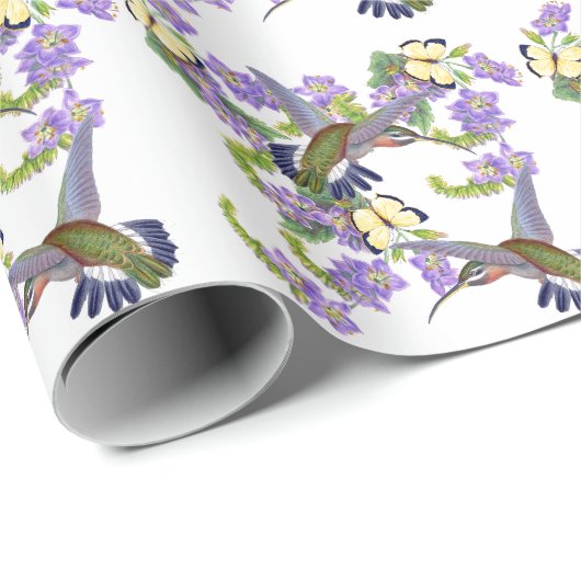 Kolibri-Vogel-Schmetterlings-Blumen mit Blumen Geschenkpapier (Rolleneckpunkt)