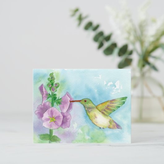 Kolibrihollyhocks-Aquarell-Malerei Postkarte (Stehend Vorderseite)