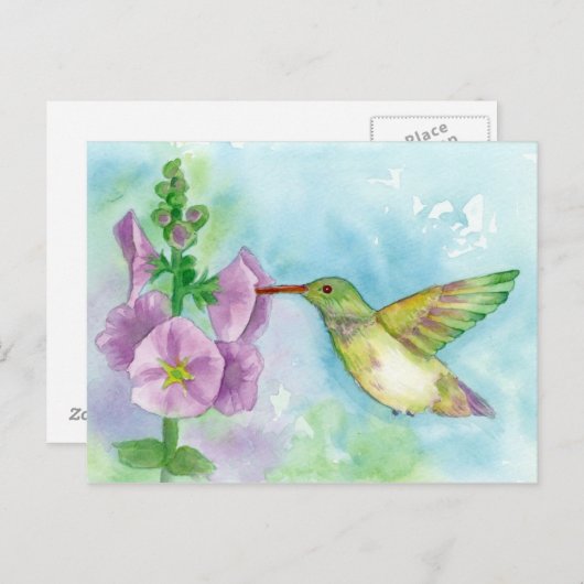 Kolibrihollyhocks-Aquarell-Malerei Postkarte (Vorne/Hinten)