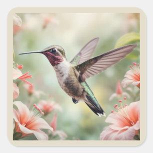 Kolibris Blumen Aquarell Kunst  Quadratischer Aufkleber