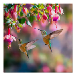 Kolibris Fuchsien Blüten Schillerndes Tanzgeschehe Poster