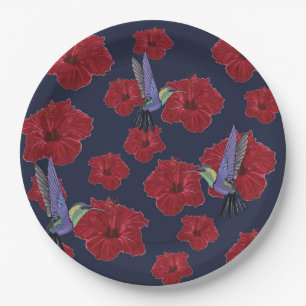Kolibris Hawaii rote Blumen Pappteller