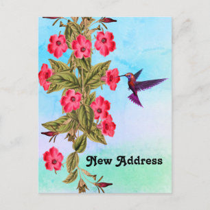 Kolibris Rote Blumen Blaue Schattierungen Hintergr Ankündigungspostkarte