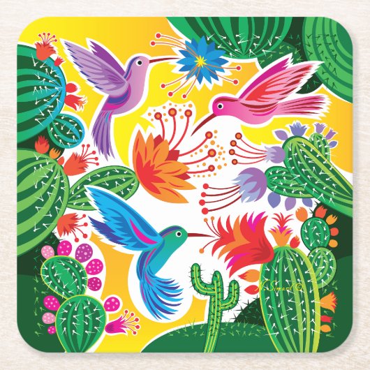 Kolibris und blühende Kakteen Rechteckiger Pappuntersetzer (Vorderseite)
