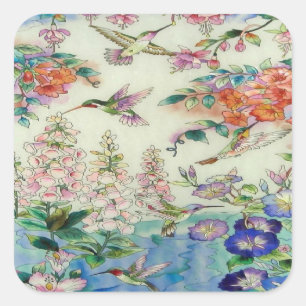 Kolibris und Blumen Buntglas WOW Quadratischer Aufkleber