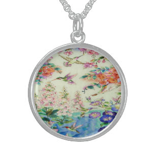 Kolibris und Blumen-Halskette - schön Sterling Silberkette