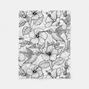 Kolibris und Hibiskusblüten s/w Fleecedecke