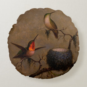 Kolibris Vogelnest viktorianische Heade-Malerei Rundes Kissen