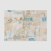 Kollage mit bedruckten Papierresten und blauen Hig