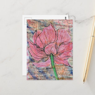 Kollage mit rosa Blume in Mixed-Media-Technik Postkarte