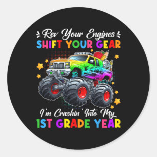 Kollision mit meinem Monstertruck zum ersten Schul Runder Aufkleber