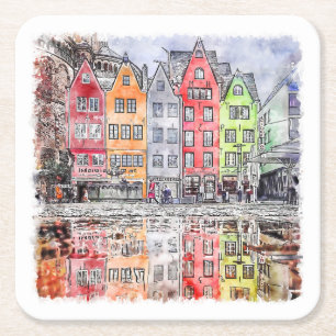 Köln - Handgezeichnete Wasserfarbskizze Rechteckiger Pappuntersetzer