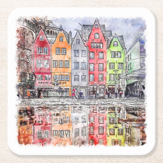 Köln - Handgezeichnete Wasserfarbskizze Rechteckiger Pappuntersetzer (Vorderseite)