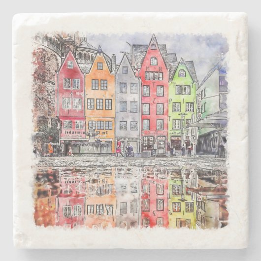 Köln - Handgezeichnete Wasserfarbskizze Steinuntersetzer (Vorderseite)