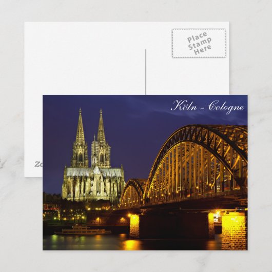 Köln - Kathedrale bei der Ansichtskarte der Dämmer Postkarte (Vorne/Hinten)