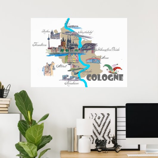 Kölner Karte mit touristischen Highlights Poster (Heimbüro)