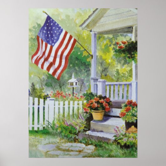 Koloniales Land Zuhause American Flag Front Porch Poster (Vorne)