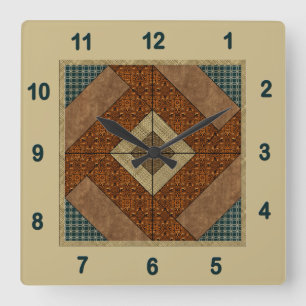 Koloniales Pflaster-Quilt-Block Rost & Dunkelgrün Quadratische Wanduhr