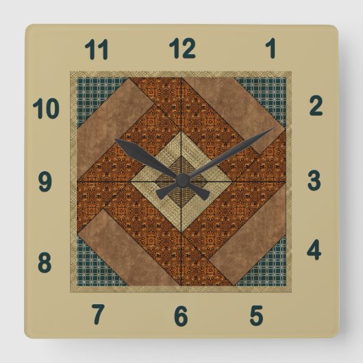 Kolonialpflaster-Quilt-Block-Rost & Dunkelgrün Quadratische Wanduhr (Vorderseite)