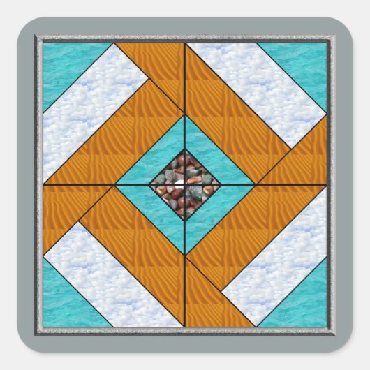 Kolonialplasterungs-Wasser-Sand-Himmel u. Felsen Quadratischer Aufkleber (Vorderseite)