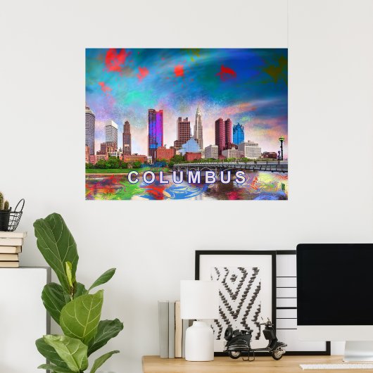 Kolorierte Kolumbus Ohio Skyline Abstrakte Kunst Poster (Heimbüro)