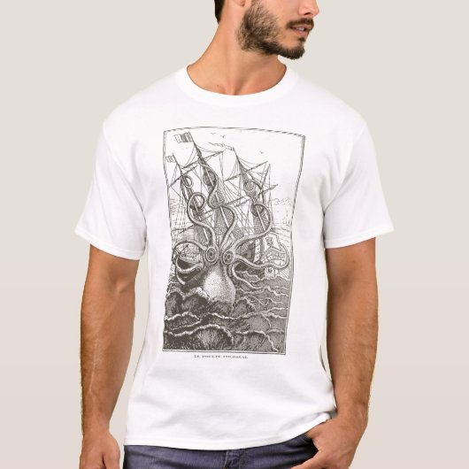 Kolossal Octopus Kraken angreifendes Schiffsmörste T-Shirt (Vorderseite)