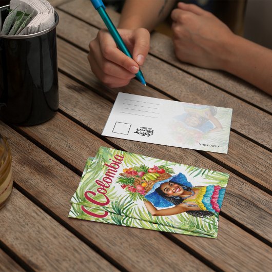 Kolumbien farbenfrohe Frau Frucht Korb Postkarte