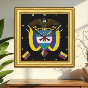 Kolumbien-Uhr, Goldrahmen, Emblem, Vintage Quadratische Wanduhr